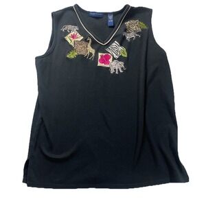 Karen Scott Black V Neck Sleeveless Top With Safari Jungle Animal Appliqué Large